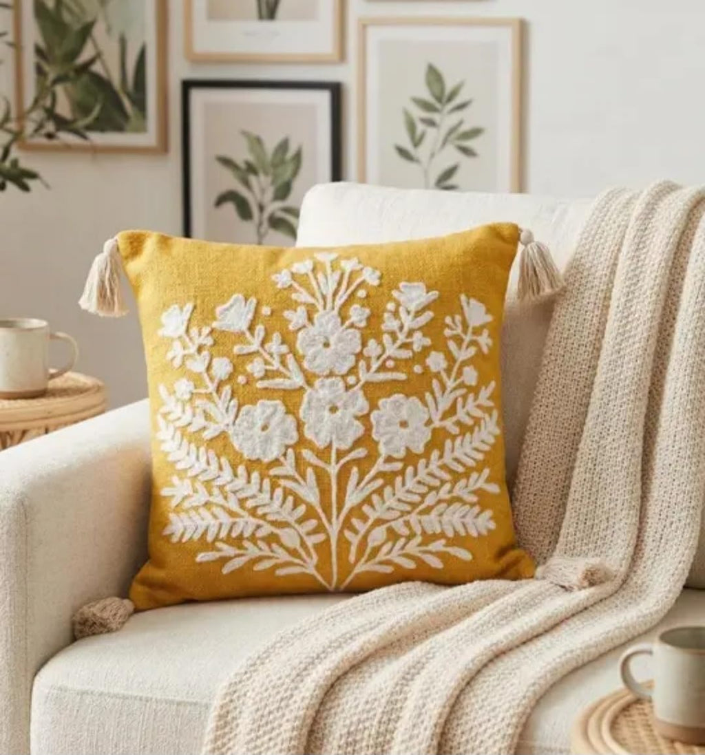 Handmade Floral Embroidered Throw Pillow Cover, Mustard Yellow with White Flowers, Tassel Accent, Boho Style