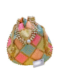 Decorative Potli Handbag, Pearl-Embellished Patchwork Design, Pink Blue Gold Multi-Colour, eco-friendly handcrafted Handbag