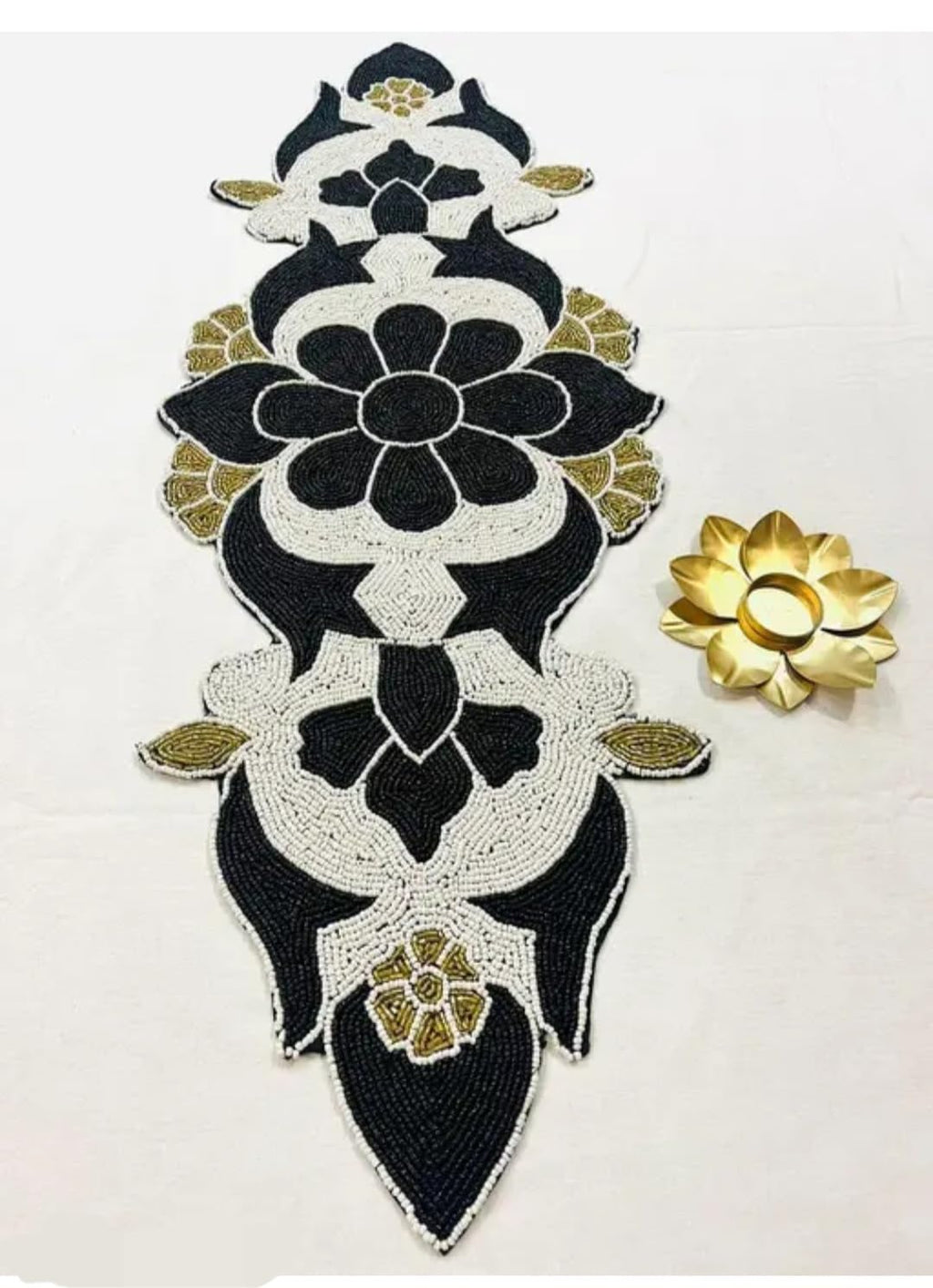 Beaded Table Runner, Black and White Floral Design with Gold Accents, Decorative Centerpiece