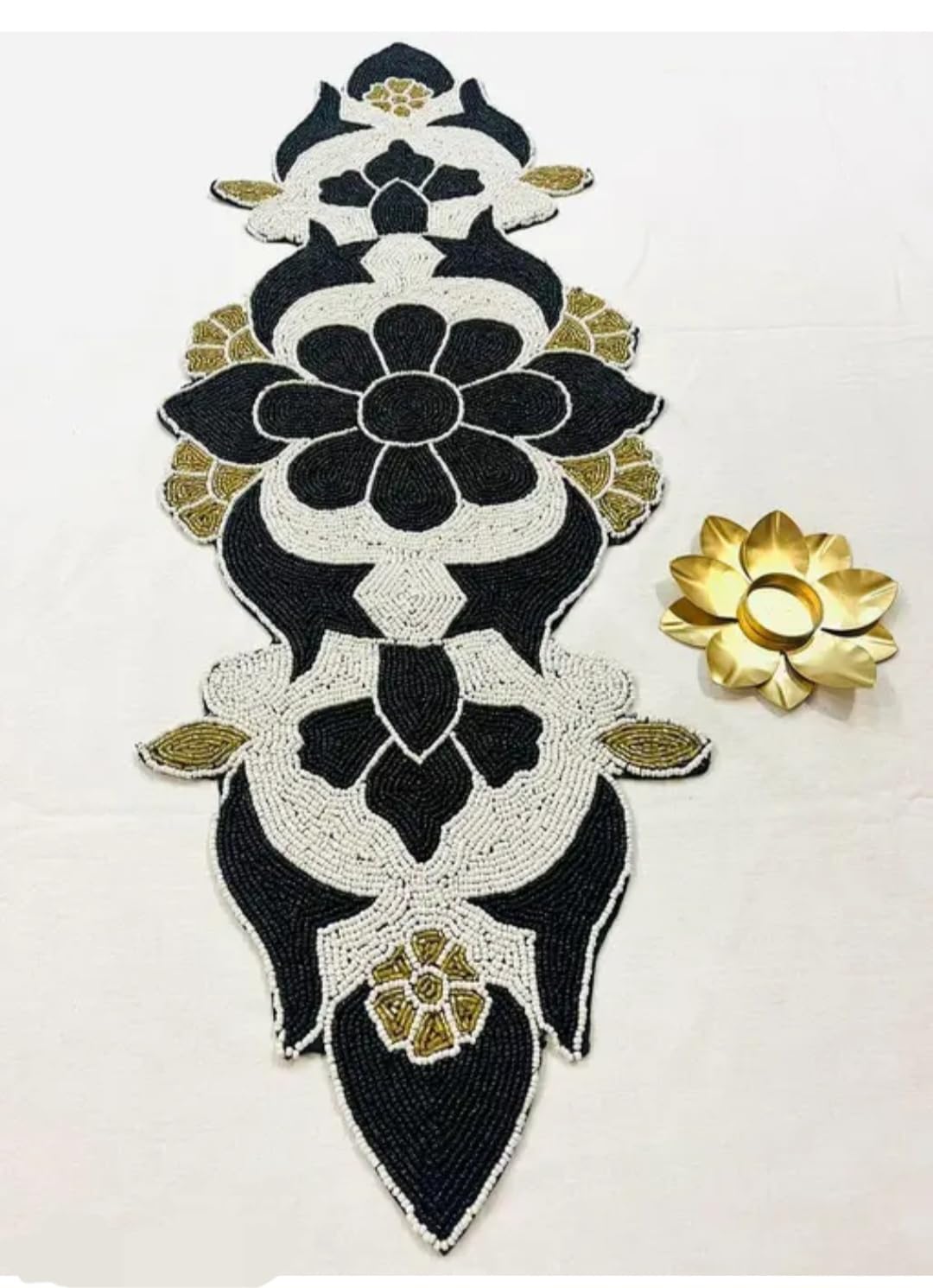 Beaded Table Runner, Black and White Floral Design with Gold Accents, Decorative Centerpiece