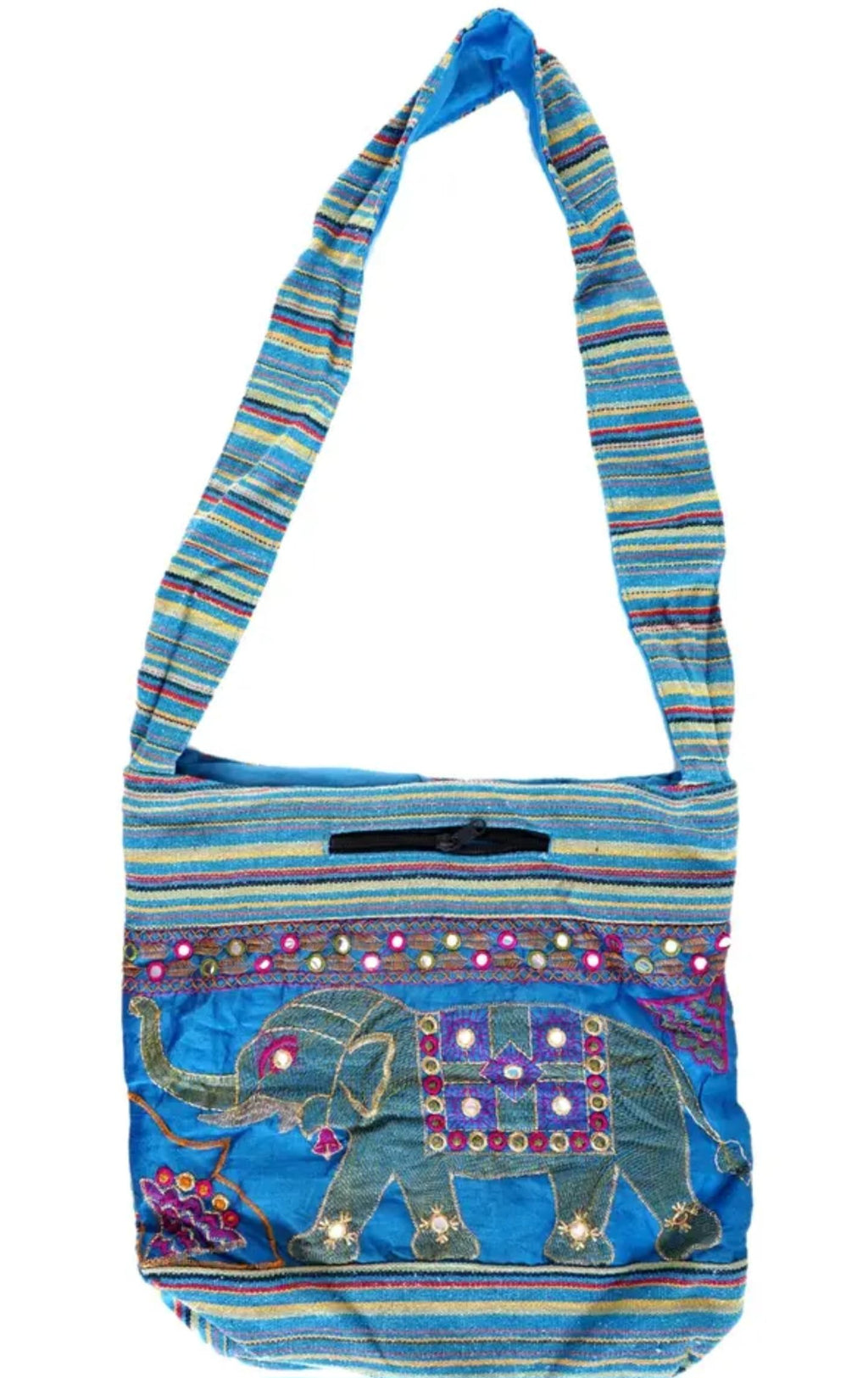 Bohemian Crossbody Bag, Blue Striped with Embroidered Elephant Design, Mirror Work, Handcrafted