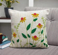 Embroidered Floral Throw Pillow Cover, Yellow Flowers with Green Leaves, Cream Linen Texture, Decorative Cushion