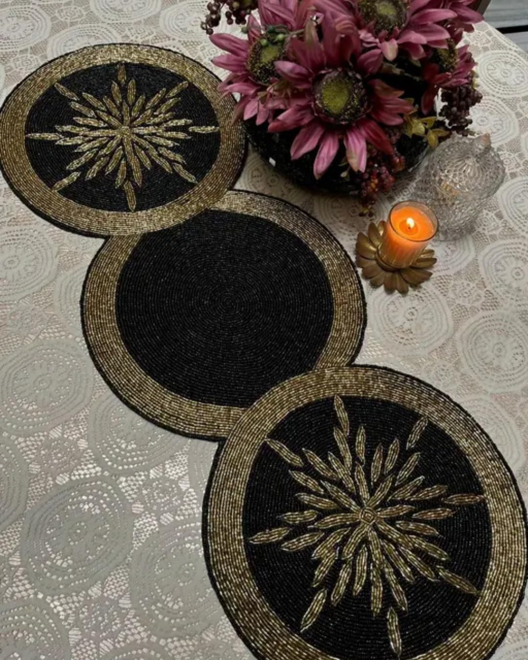 Beaded Placemats Set, Black and Gold, Floral Design, Round Shape, Table Decor