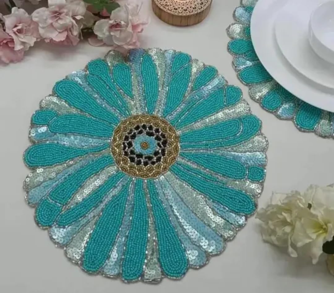 Beaded Sequin Round Placemat, Teal and Silver Floral Design, Decorative Table Mat