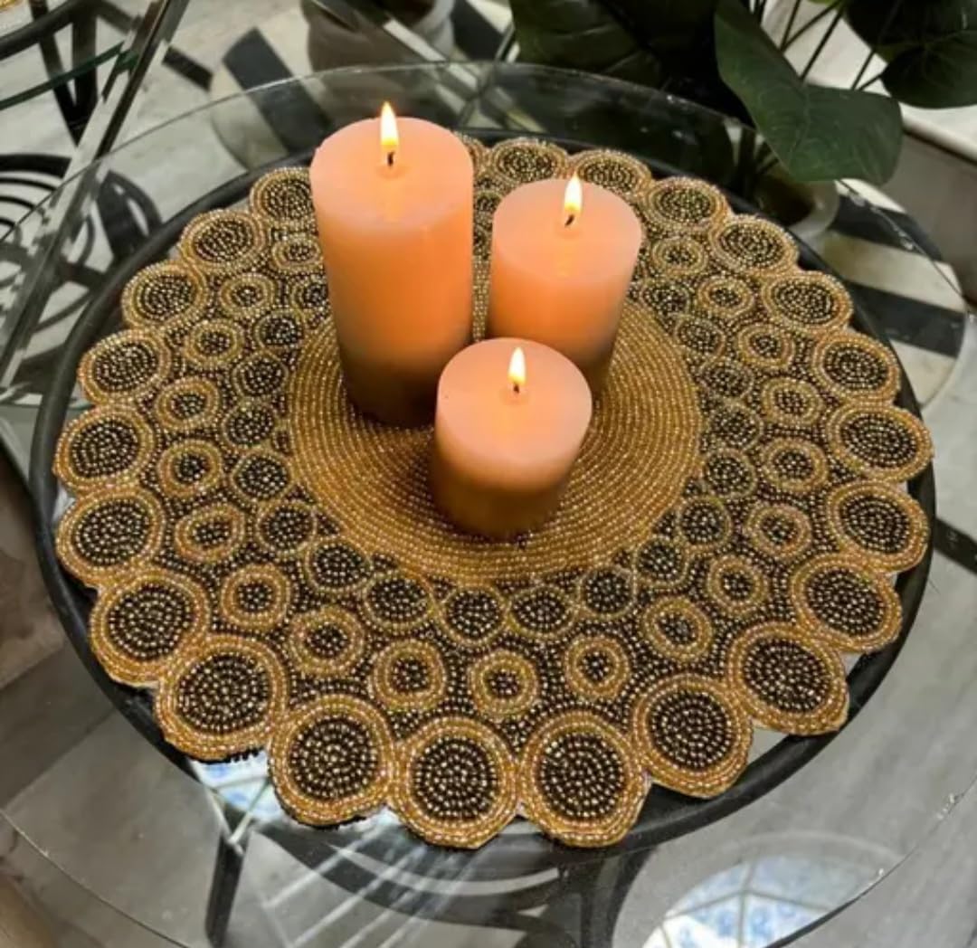 Round Beaded Placemat, Gold and Black, Decorative Table Mat, Scalloped Edge, Handcrafted