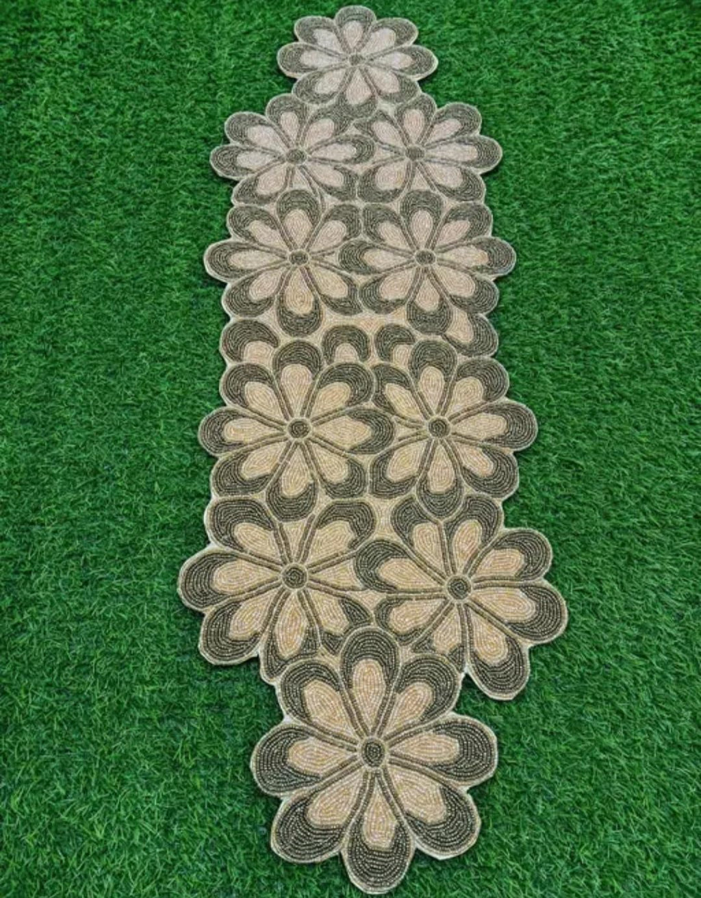 Beaded Table Runner, Floral Design, Gold and Brown, Handcrafted Decorative Home Decor