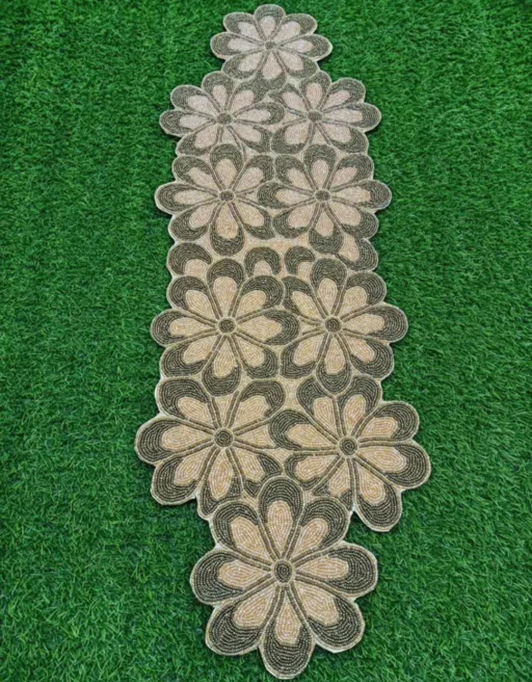 Beaded Table Runner, Floral Design, Gold and Brown, Handcrafted Decorative Home Decor