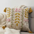 Handmade Boho Floral Embroidered Throw Pillow Cover with Tassels, Beige, Pink and Mustard, Decorative Cushion Case