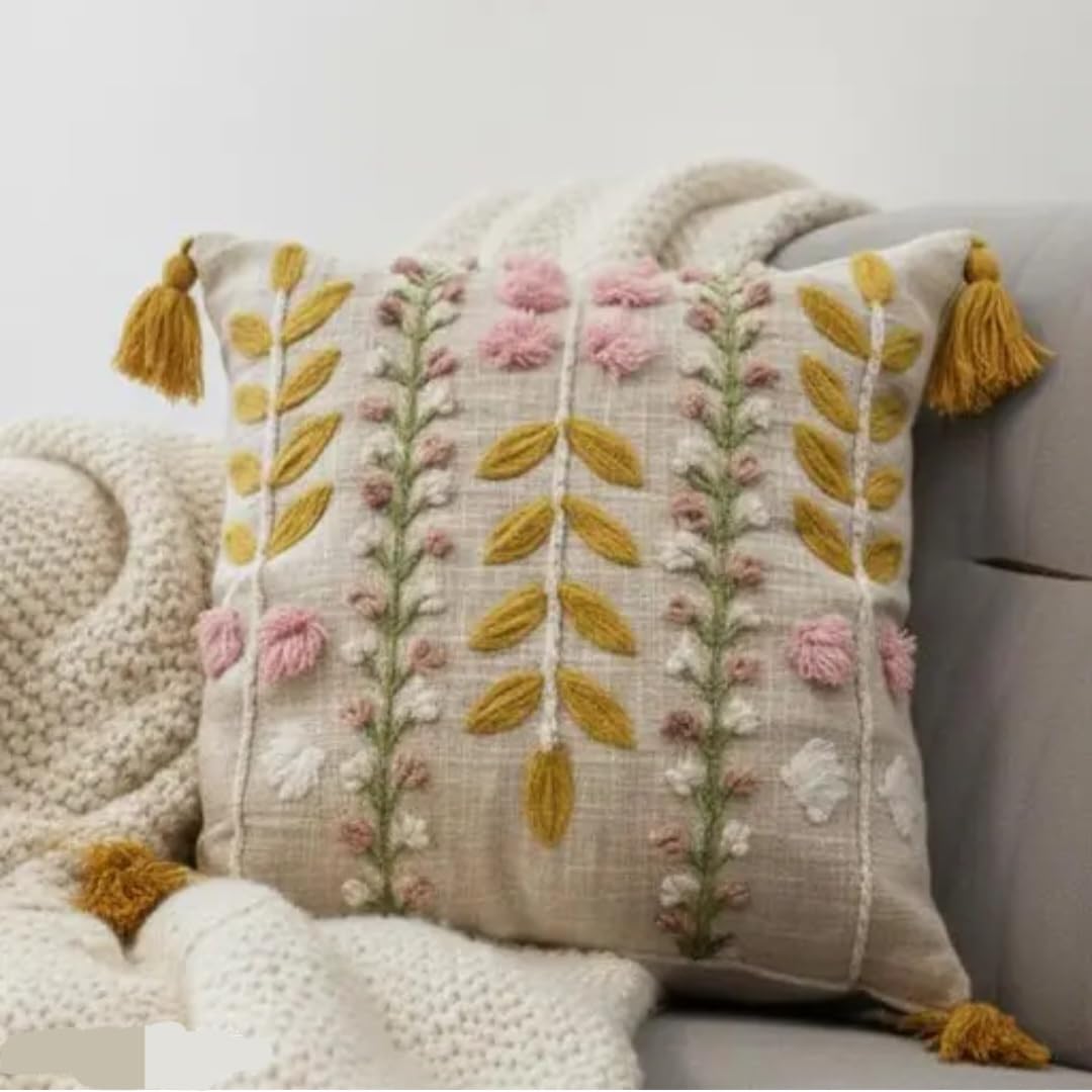 Handmade Boho Floral Embroidered Throw Pillow Cover with Tassels, Beige, Pink and Mustard, Decorative Cushion Case