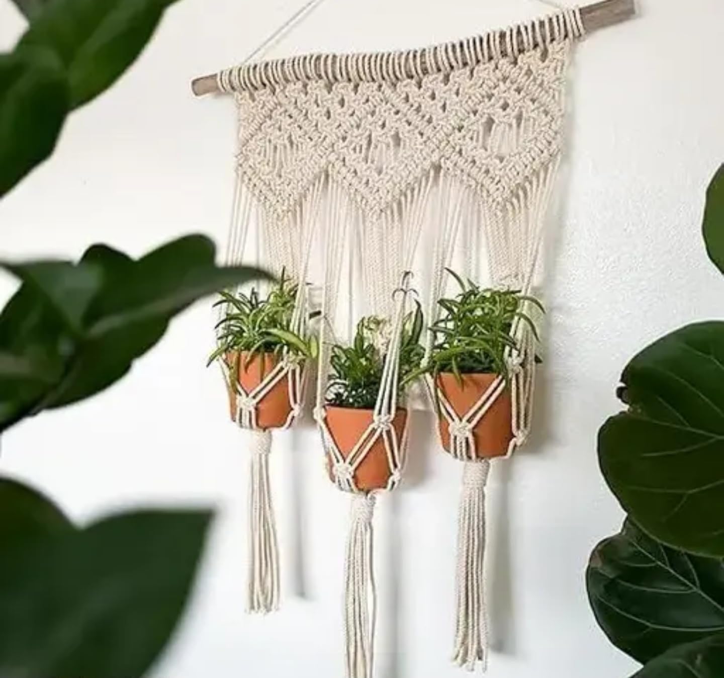 Macrame Wall Hanging Plant Holder, 3 Terracotta Pots, Boho Home Decor, Cream White