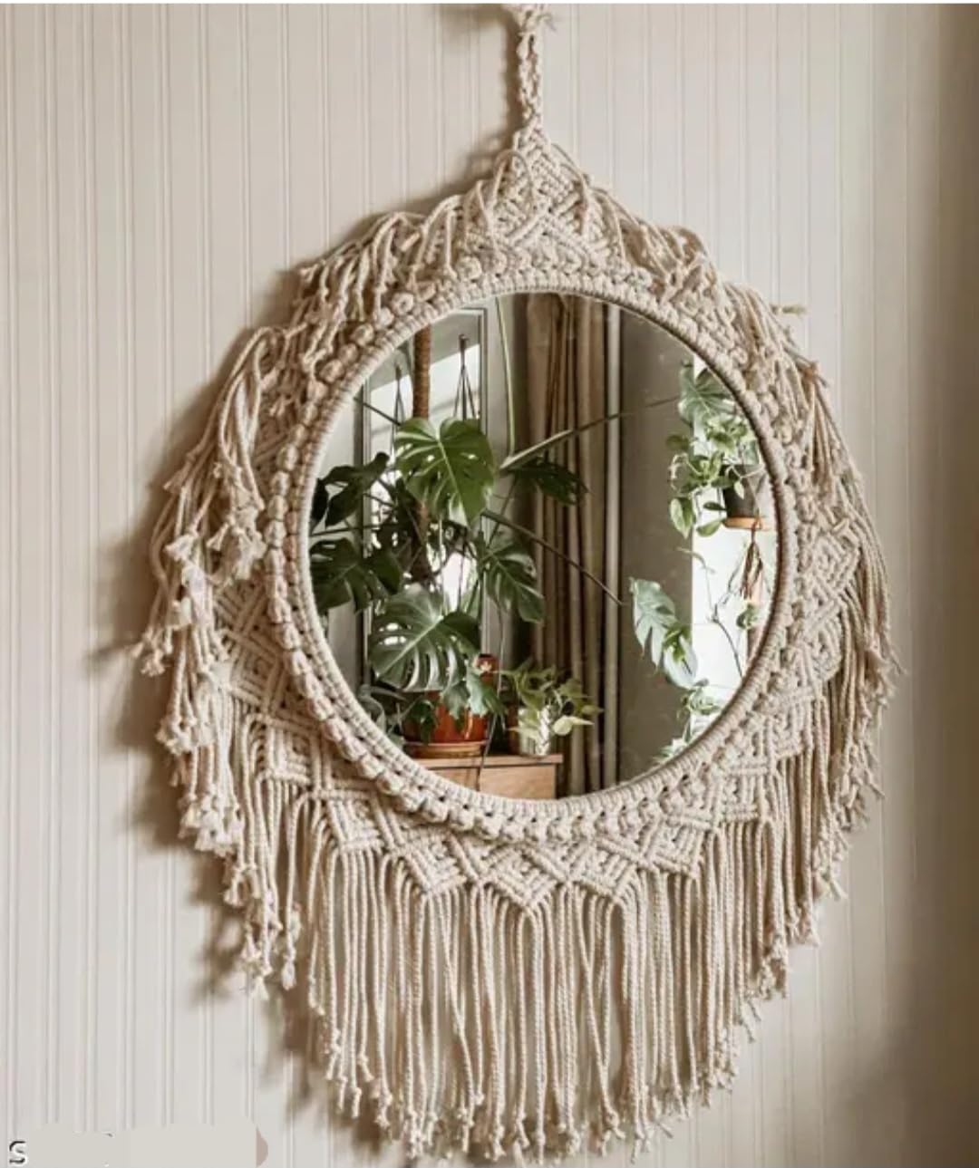 Macrame Round Wall Mirror with Fringe, Boho Hanging Decor, Natural Cotton Rope, Bohemian Style