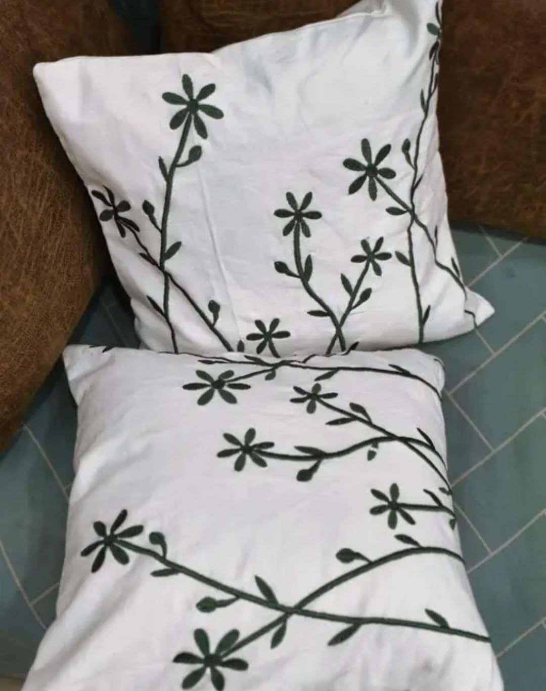 Floral Embroidered Throw Pillow Covers, White with Dark Green Botanical Design, Set of 2