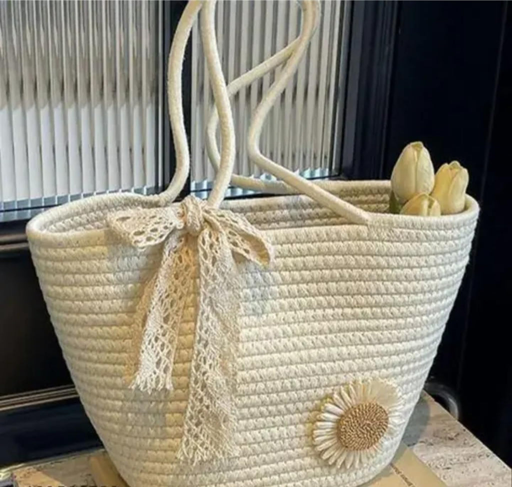 Decorative Cotton Rope Storage Basket with Lace Trim and Sunflower Accent, White, Handwoven