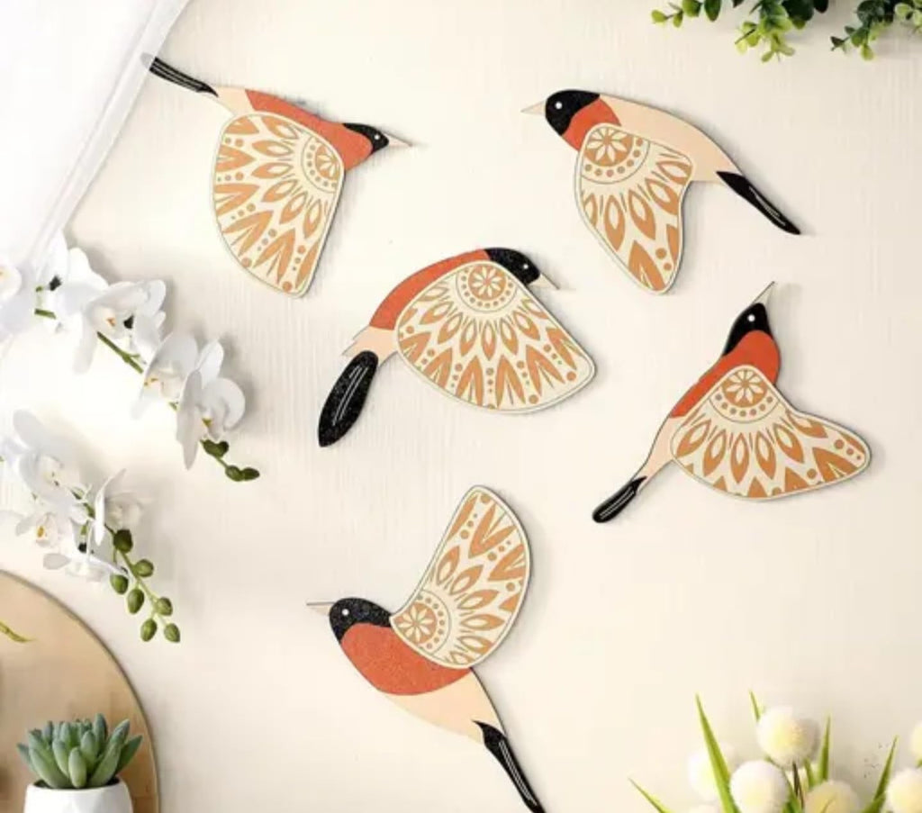 Decorative Wall Art Birds, Mandala Pattern Wing Design, Orange and White, Set of 6