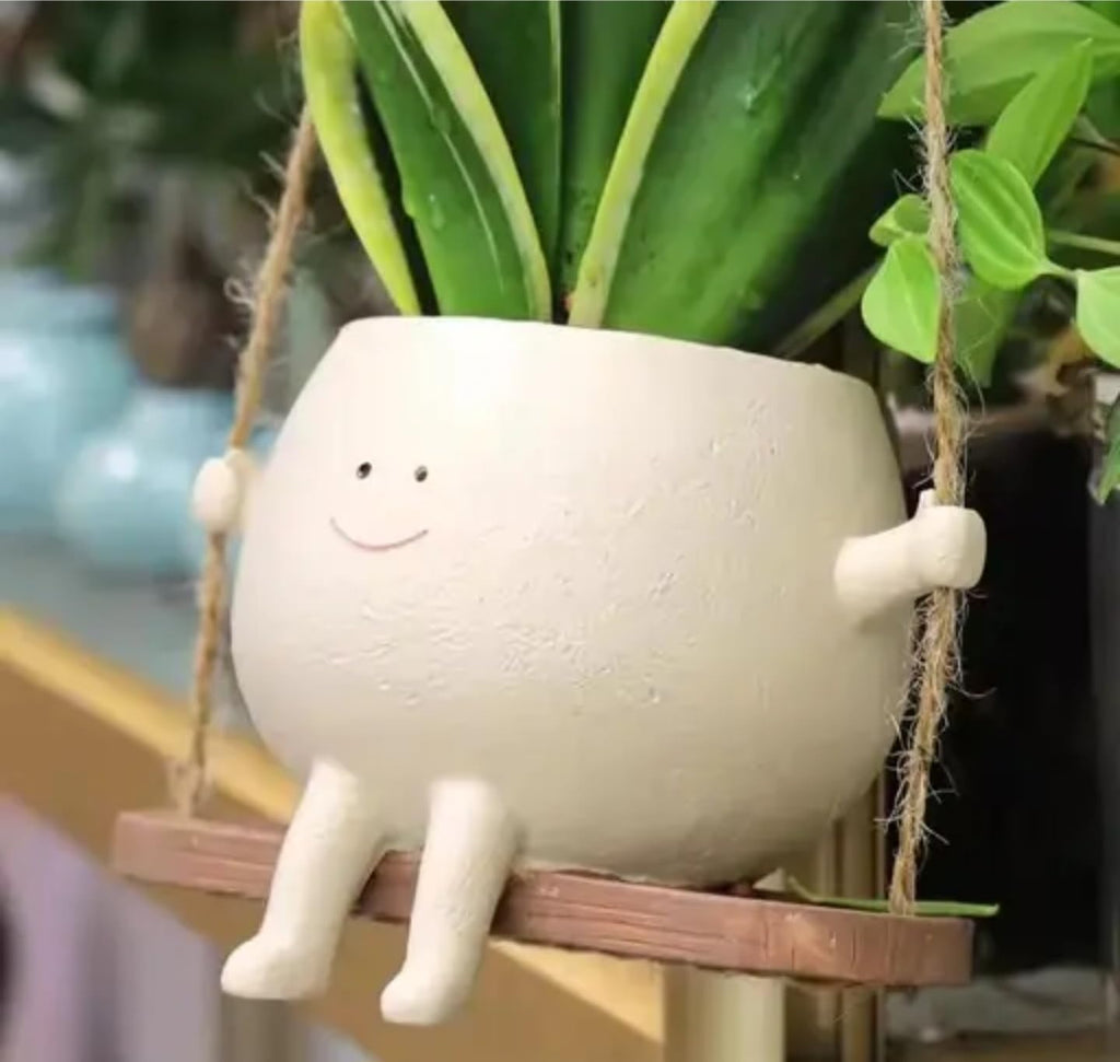 Hanging Succulent Planter, White Ceramic Pot with Smiling Face Design, Decorative Plant Holder with Wooden Swing, Indoor Garden Home Decor