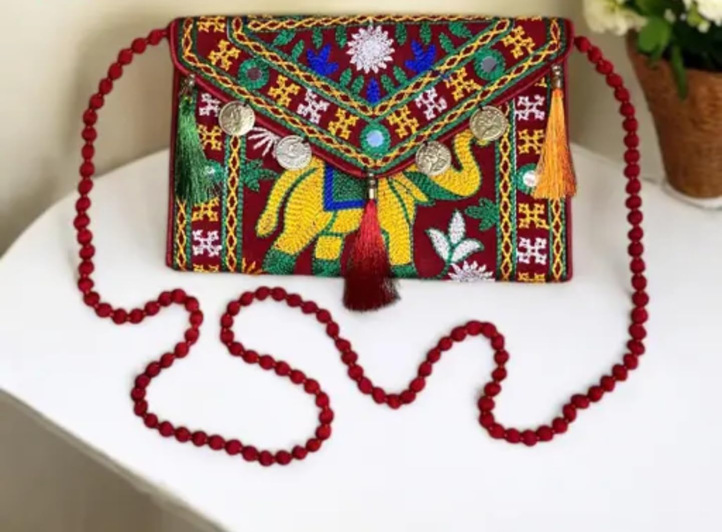Traditional Embroidered Clutch Purse with Coin Tassels, Bohemian Pattern, Red and Multicolour, eco-friendly