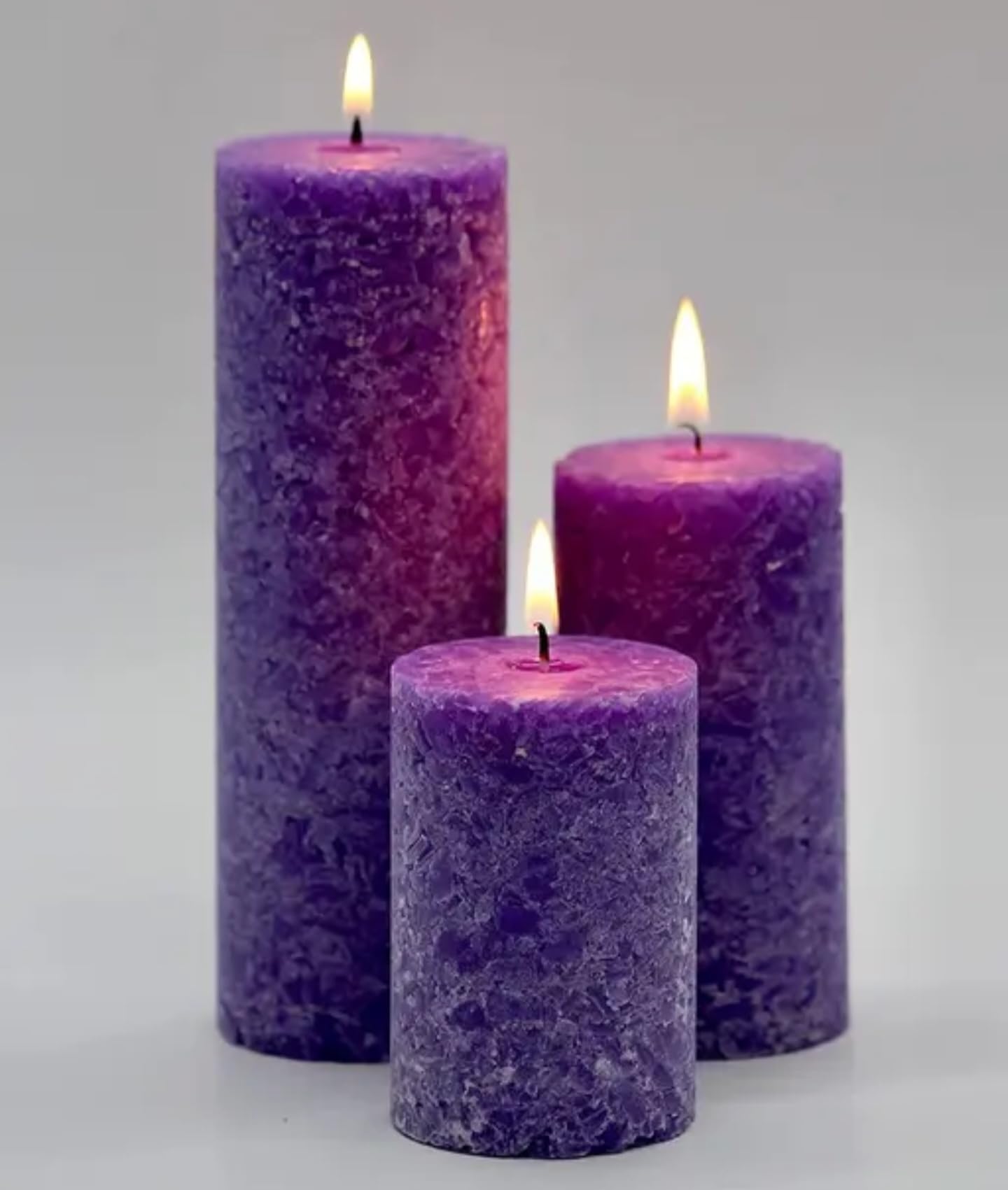 Rustic Purple Pillar Candles Set, 3 Graduated Sizes, Textured Finish
