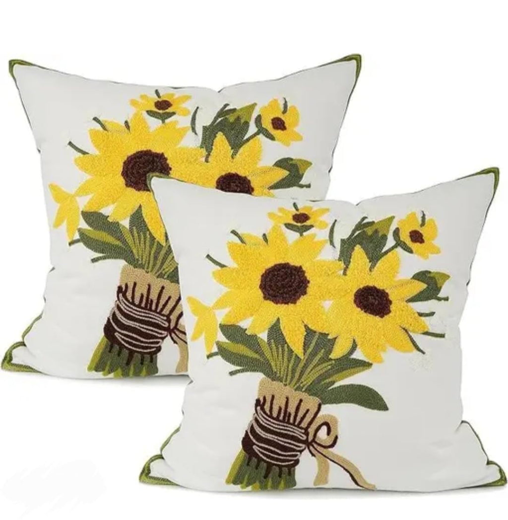 Sunflower Bouquet Embroidered Throw Pillow Covers, White, Floral, Set of 2