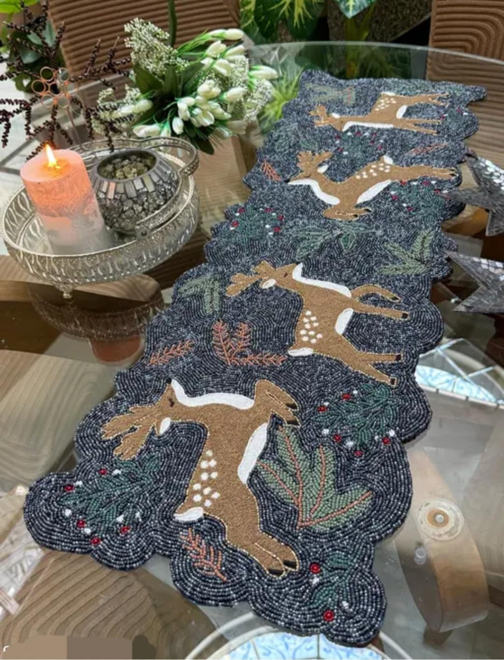 Beaded Table Runner with Deer and Forest Design, Dark Blue, Holiday Christmas Theme