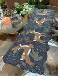 Beaded Table Runner with Deer and Forest Design, Dark Blue, Holiday Christmas Theme