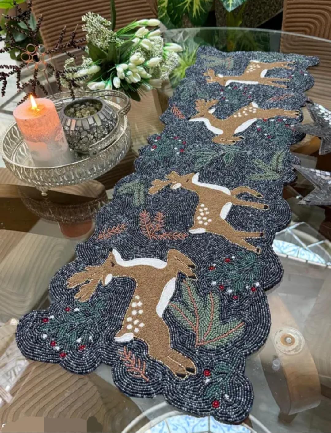 Beaded Table Runner with Deer and Forest Design, Dark Blue, Holiday Christmas Theme