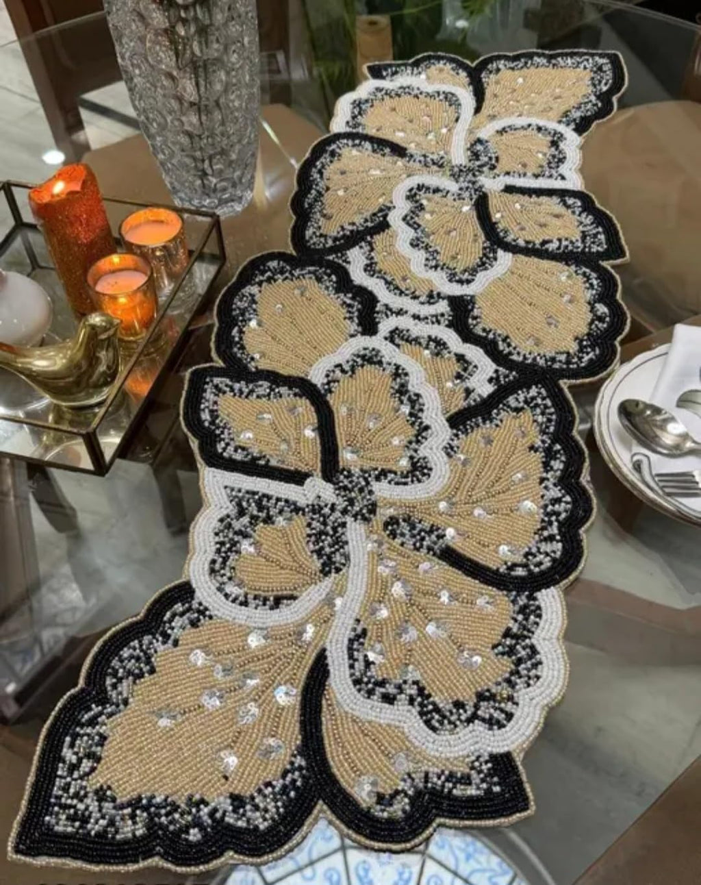 Beaded Floral Table Runner, Gold, Black and White, Sequin Embellished, Handcrafted Dining Decor