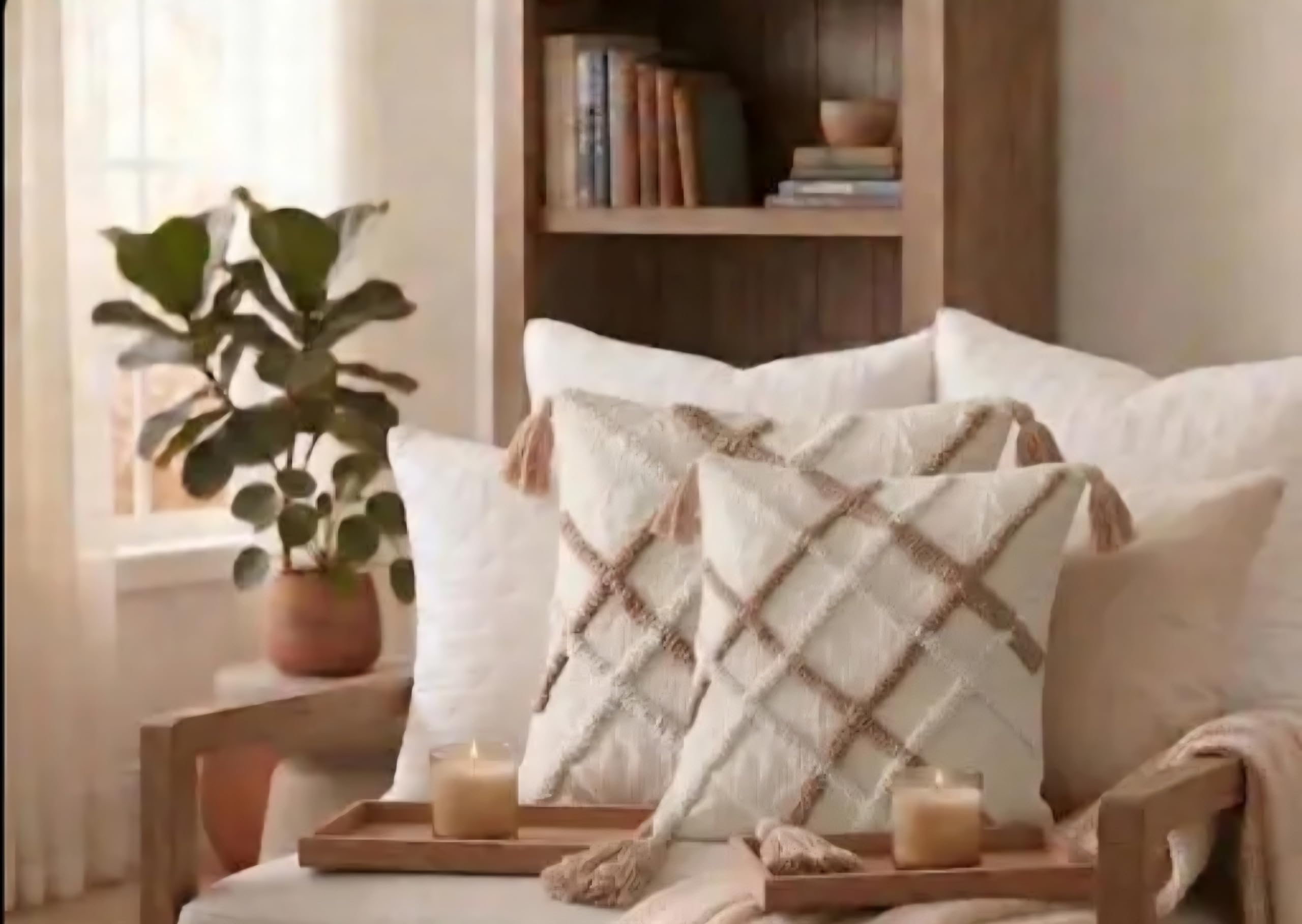 Handmade Boho Throw Pillow Cover, Cream, Tufted Diamond Pattern with Tassels, Decorative Sofa Cushion Cover