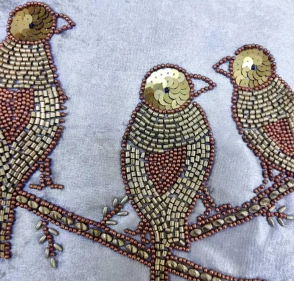 Handmade Velvet Throw Pillow Cover with Gold Beaded Bird on Branch Embroidery, Silver, Decorative Cushion