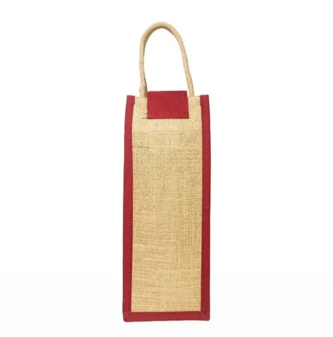 Jute Wine Bottle Bag, Red, Warli Art Print, Button Closure, Rope Handle, Gift Tote