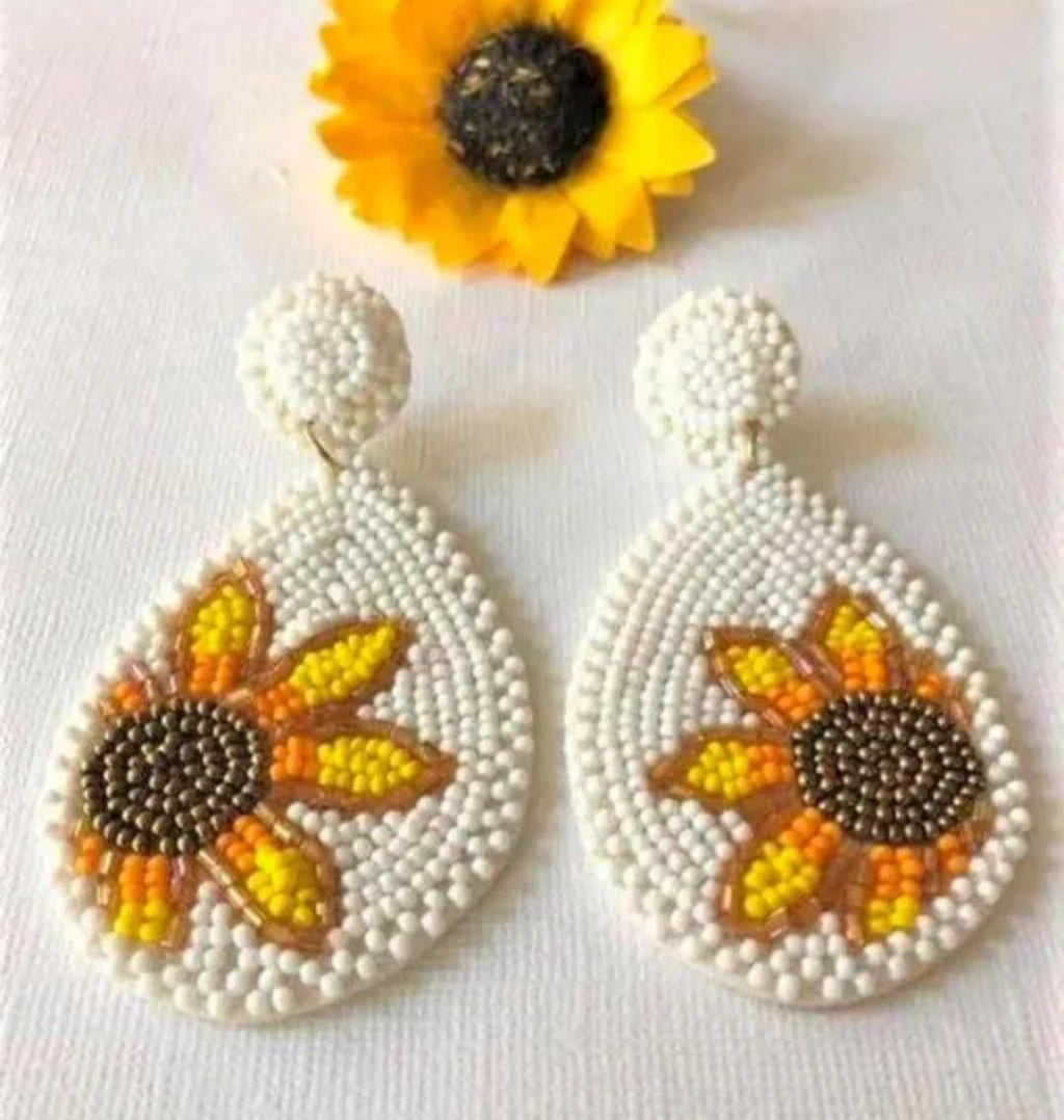 Beaded Sunflower Earrings, White Teardrop Dangle, Yellow Orange Floral Design, Handmade Statement Jewelry