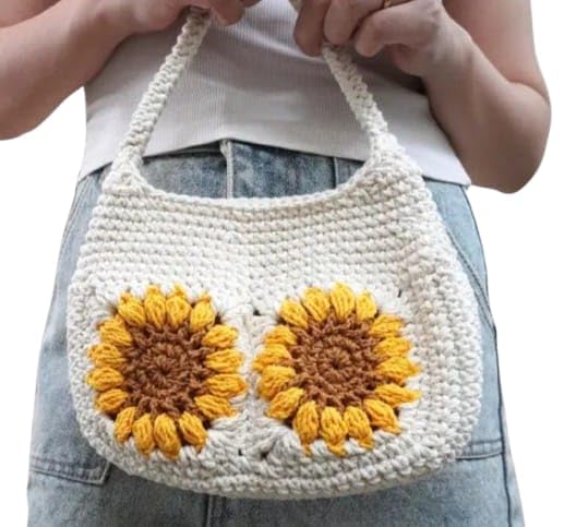 Crochet Sunflower Hobo Bag, Cream and Yellow, Handmade Knit Tote, Boho Style Shoulder Purse
