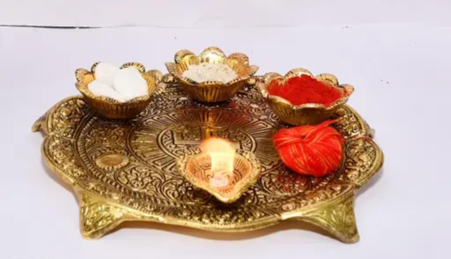 Decorative Gold Metal Pooja Thali Plate with Floral Design, Traditional Indian Prayer Platter for Religious Ceremonies