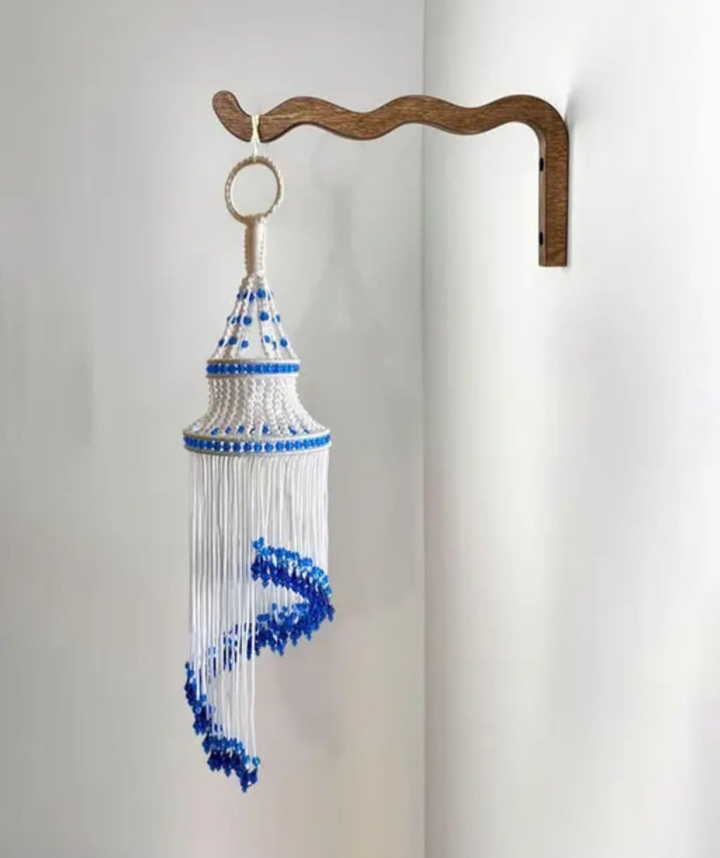 Handmade Macrame Wind Chime, White and Blue Beaded Hanging Decor, Boho Style
