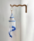 Handmade Macrame Wind Chime, White and Blue Beaded Hanging Decor, Boho Style