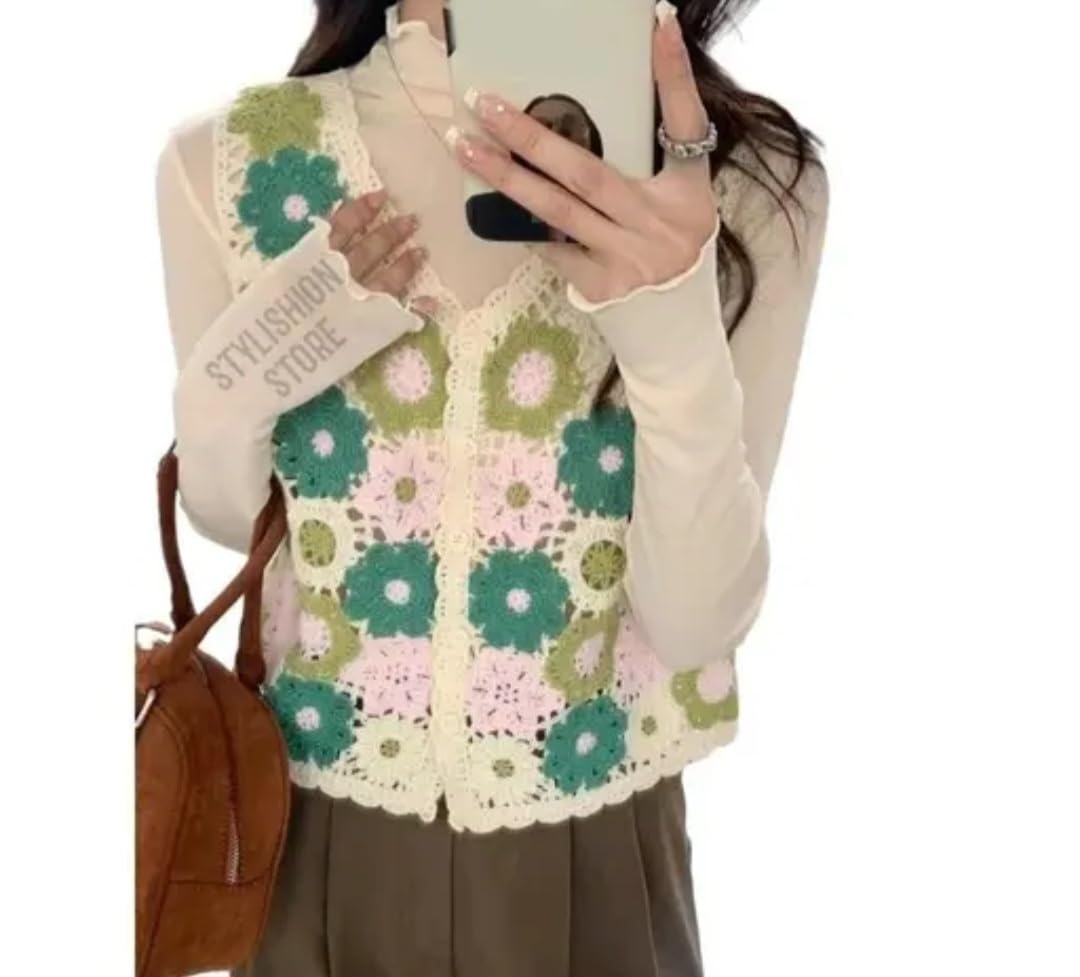 Crochet Floral Crop Top, Boho Sleeveless Vest, Green and Pink Flower Granny Square Tank