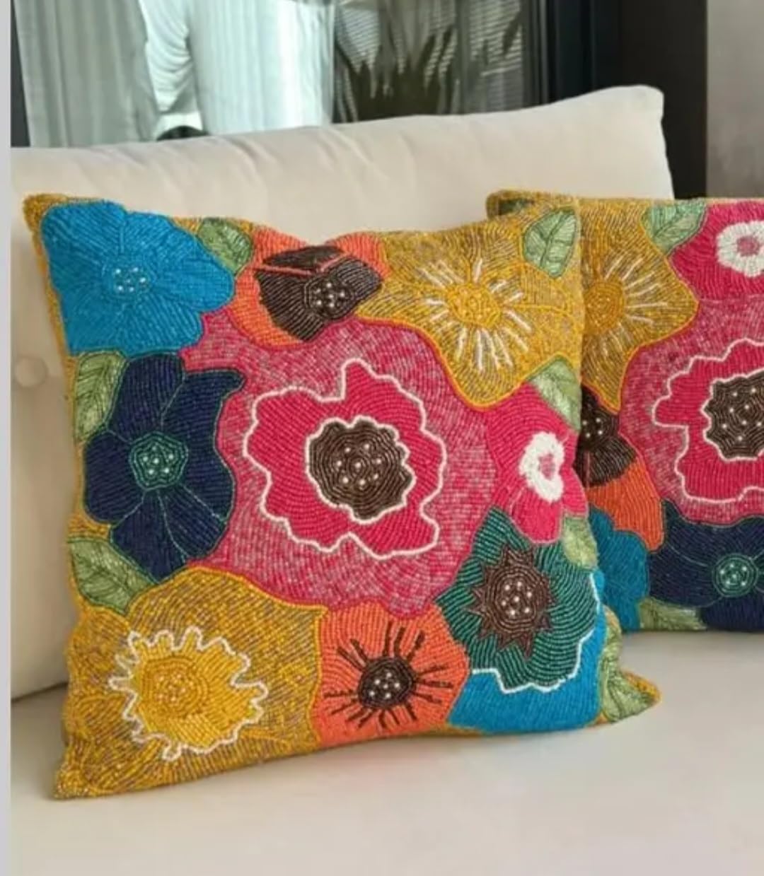 Beaded Floral Throw Pillow Cover, Multicolor, Handcrafted Seed Bead Embroidery, Decorative Cushion Cover
