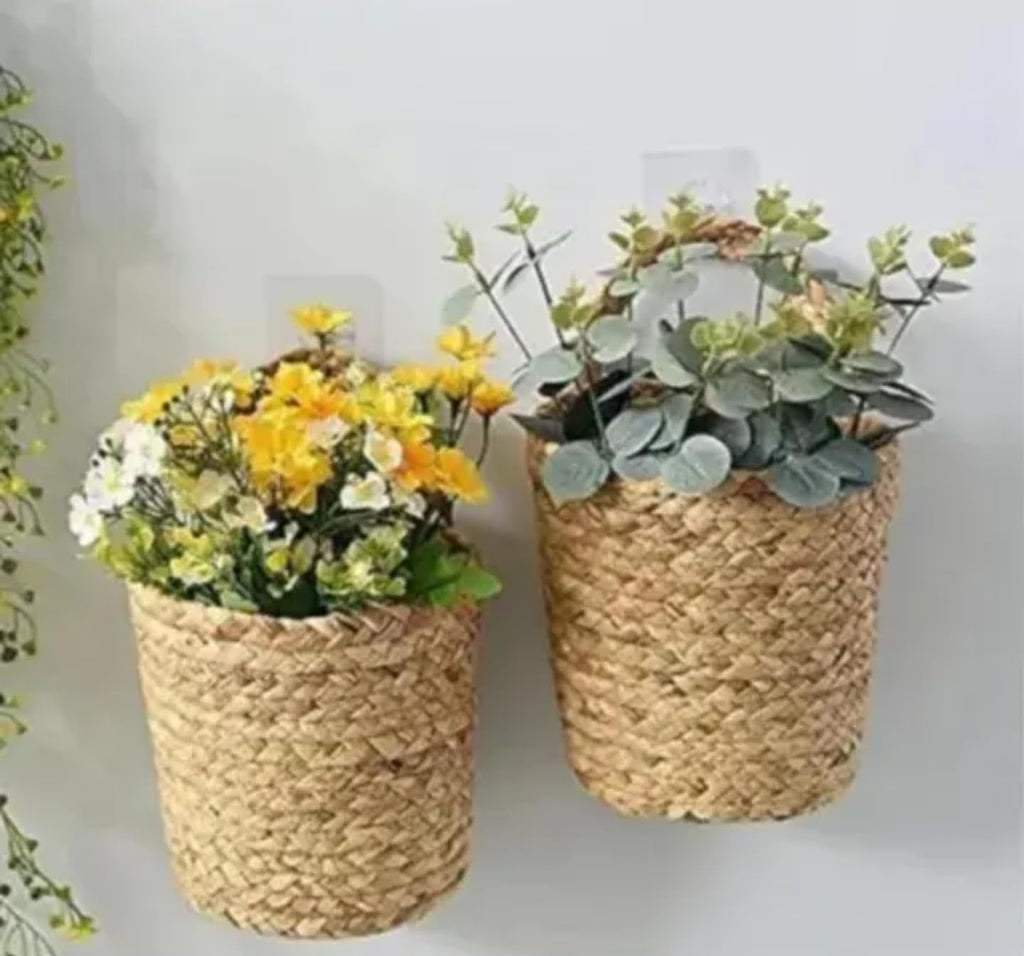 Handwoven Seagrass Wall Planters, Set of 2, Natural Woven Baskets with Artificial Yellow Flowers and Eucalyptus