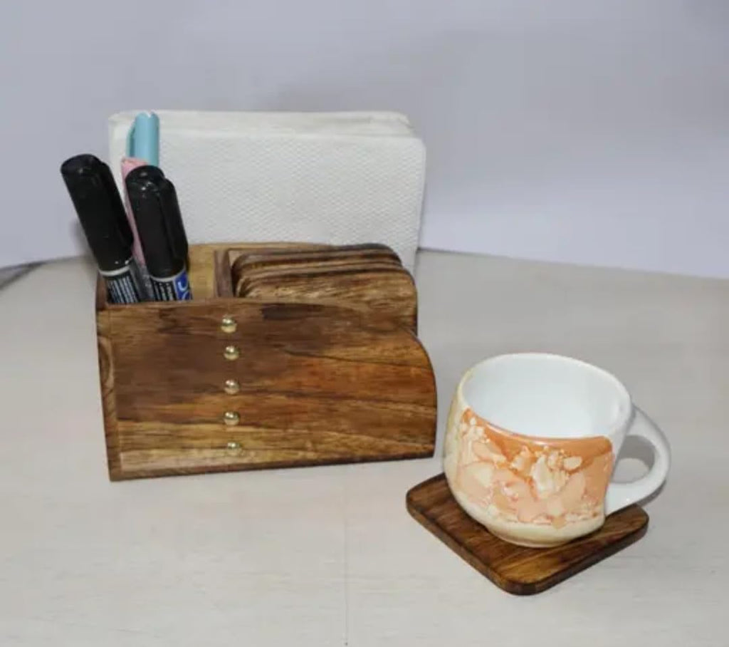 Wooden Cutlery Holder with Napkin Dispenser, Kitchen Utensil Organizer, Brown Wood, Desk Caddy