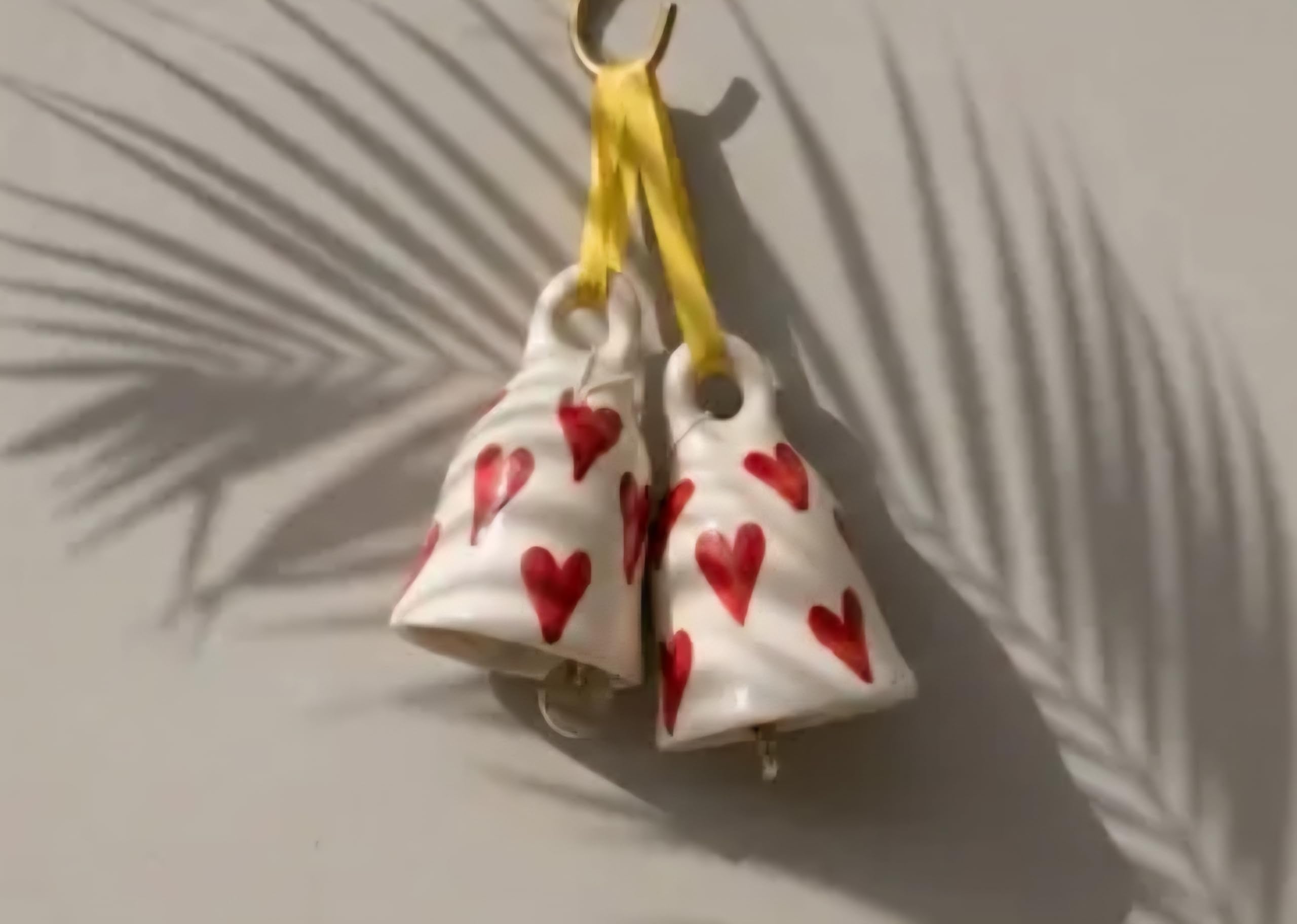Ceramic Hanging Bells with Red Heart Pattern, White, Set of 2, Garden Decor