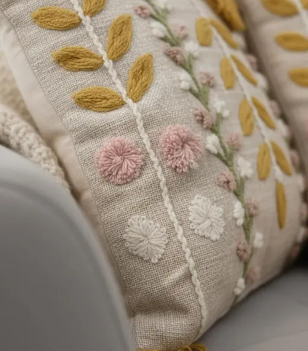 Handmade Boho Floral Embroidered Throw Pillow Cover with Tassels, Beige, Pink and Mustard, Decorative Cushion Case
