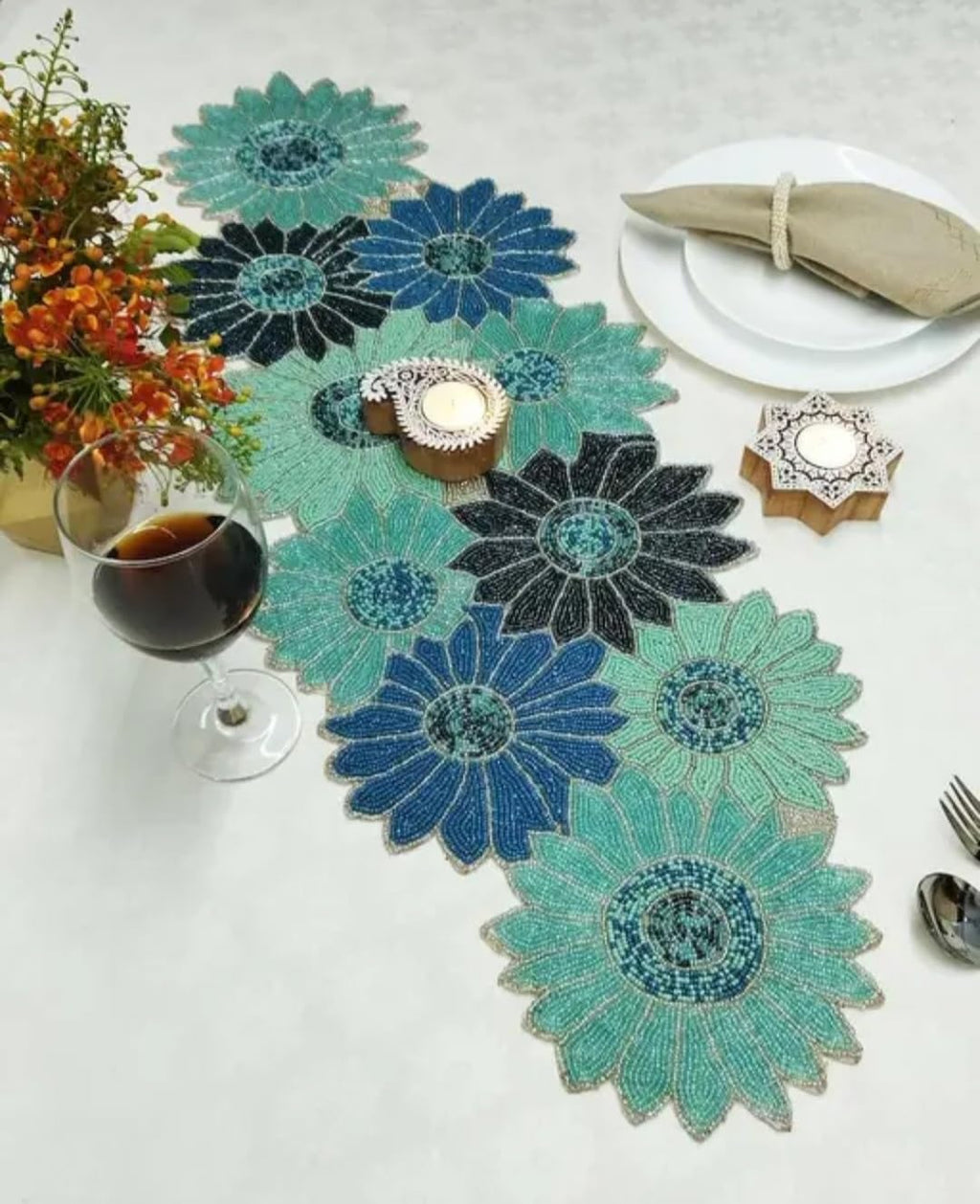 Beaded Floral Table Runner, Teal and Blue, Handcrafted Flower Design, Decorative Dining Table Decor