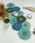 Beaded Floral Table Runner, Teal and Blue, Handcrafted Flower Design, Decorative Dining Table Decor