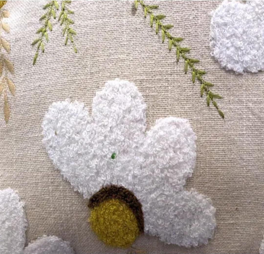 Daisy Floral Embroidered Throw Pillow Cover, Beige, Tufted White Flowers with Yellow Centers, Boho Floral Decor