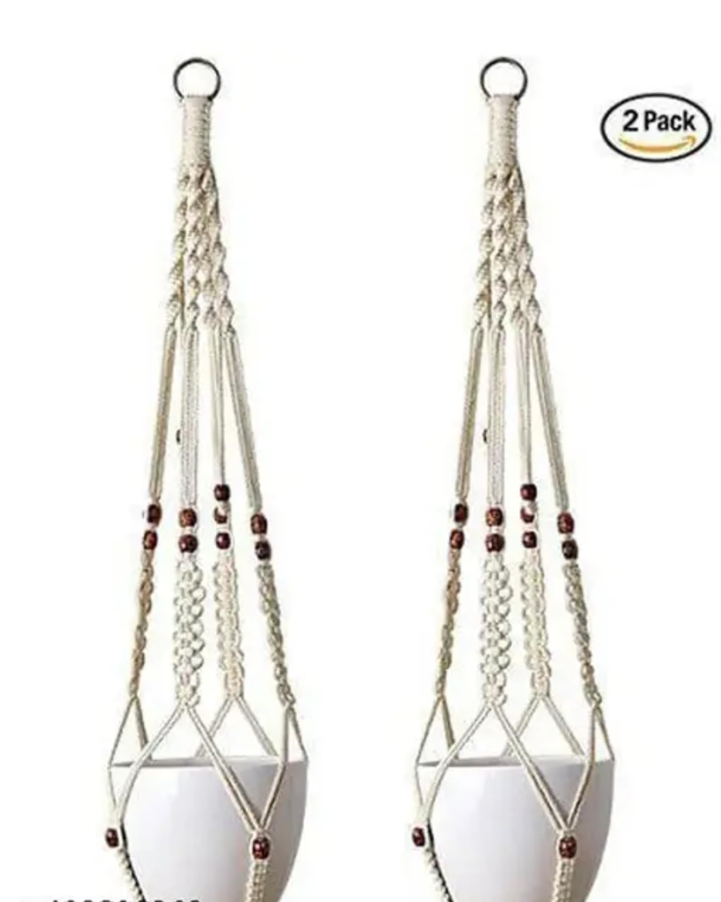 Macrame Plant Hanger with Wooden Beads, 2-Pack, Cotton Rope Hanging Planter for Indoor Plants, White