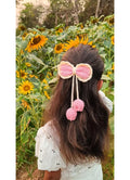 Handmade Crochet Bow Hair Clip with Pom Pom Tassels, Pink, Girls Hair Accessory