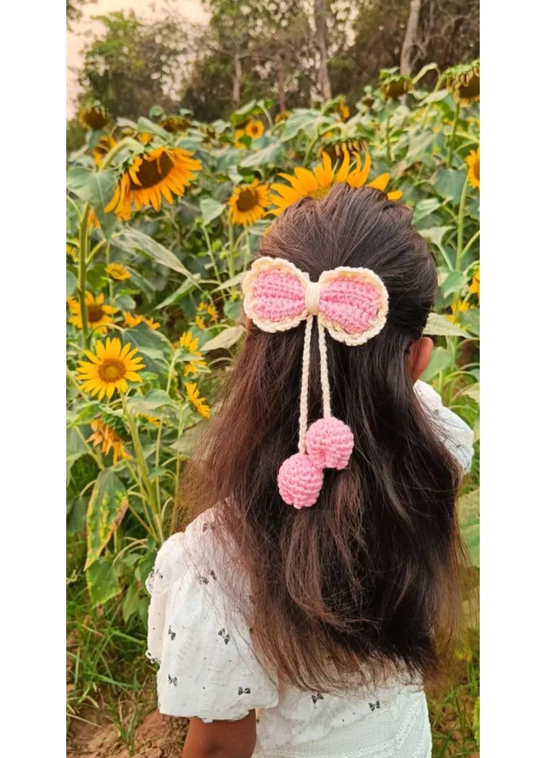 Handmade Crochet Bow Hair Clip with Pom Pom Tassels, Pink, Girls Hair Accessory