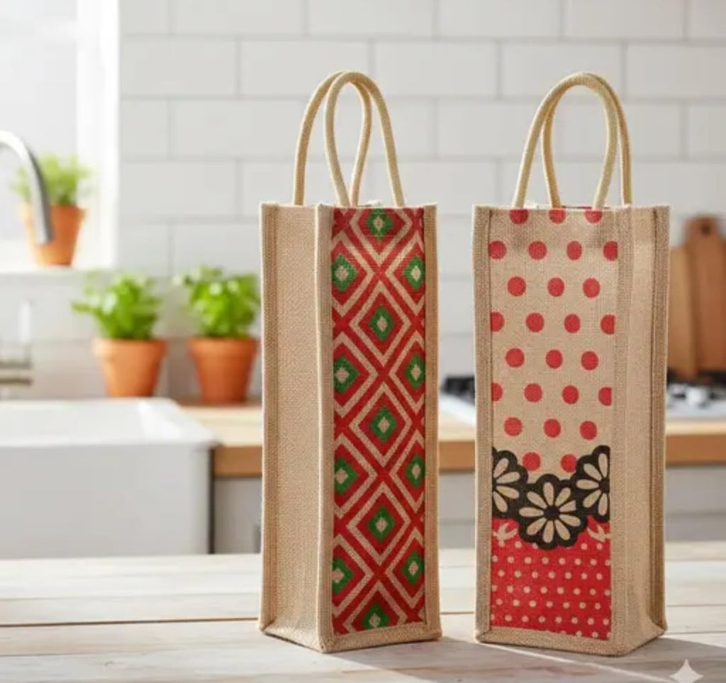 Jute Wine Bottle Bag, Set of 2, Printed Tote with Rope Handles, Gift Bag