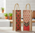 Jute Wine Bottle Bag, Set of 2, Printed Tote with Rope Handles, Gift Bag