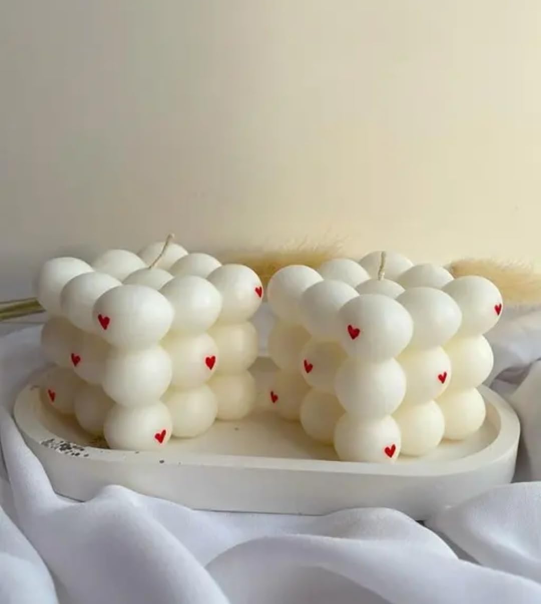 Bubble Cube Candle, White with Red Heart Details, Set of 2, Aesthetic Home Decor