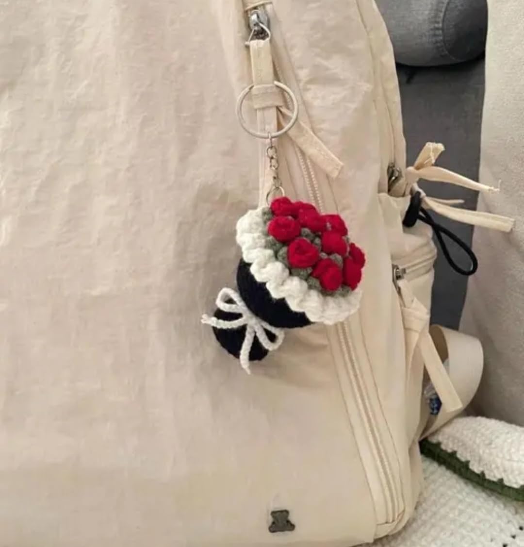Crochet Rose Bouquet Keychain, Handmade Knit Floral Charm, Red and White, Accessory